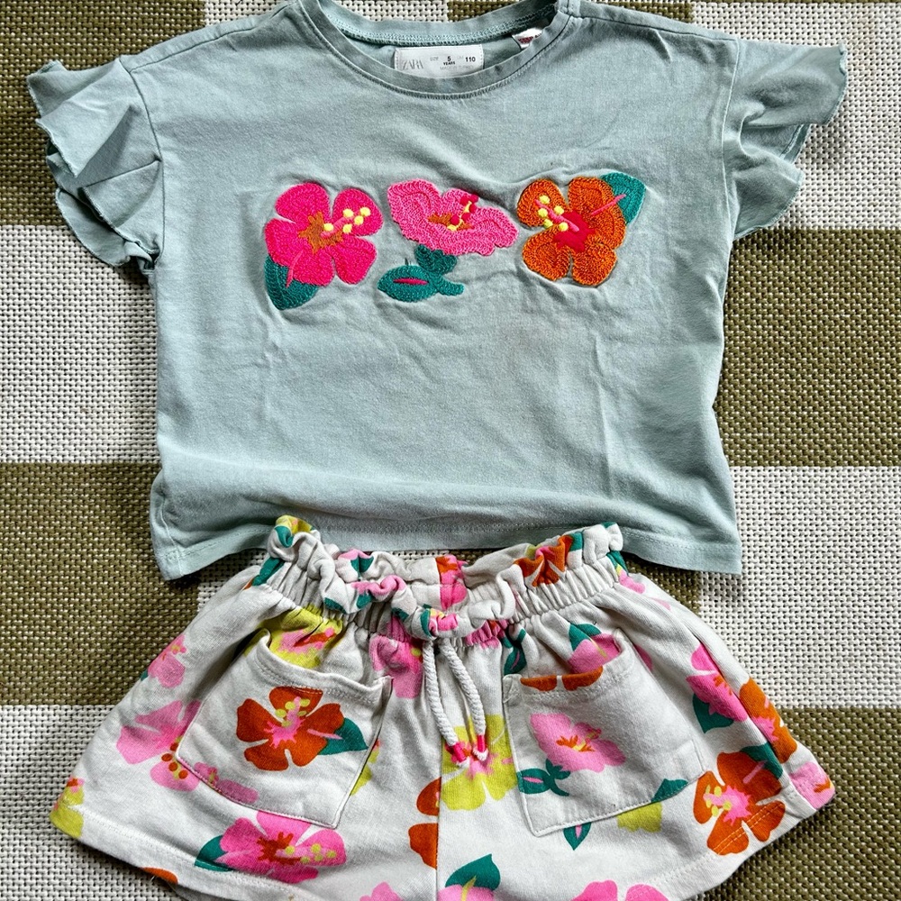 Zara Kids Floral Embroidered Set in Light Blue and Pink